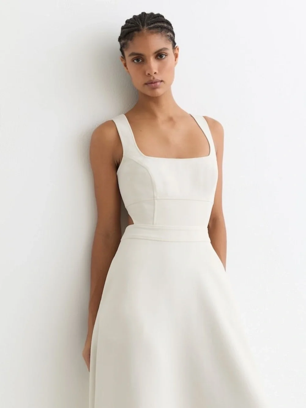 Reiss Ivory Dina Waisted Cut-Out Twill Midi Dress